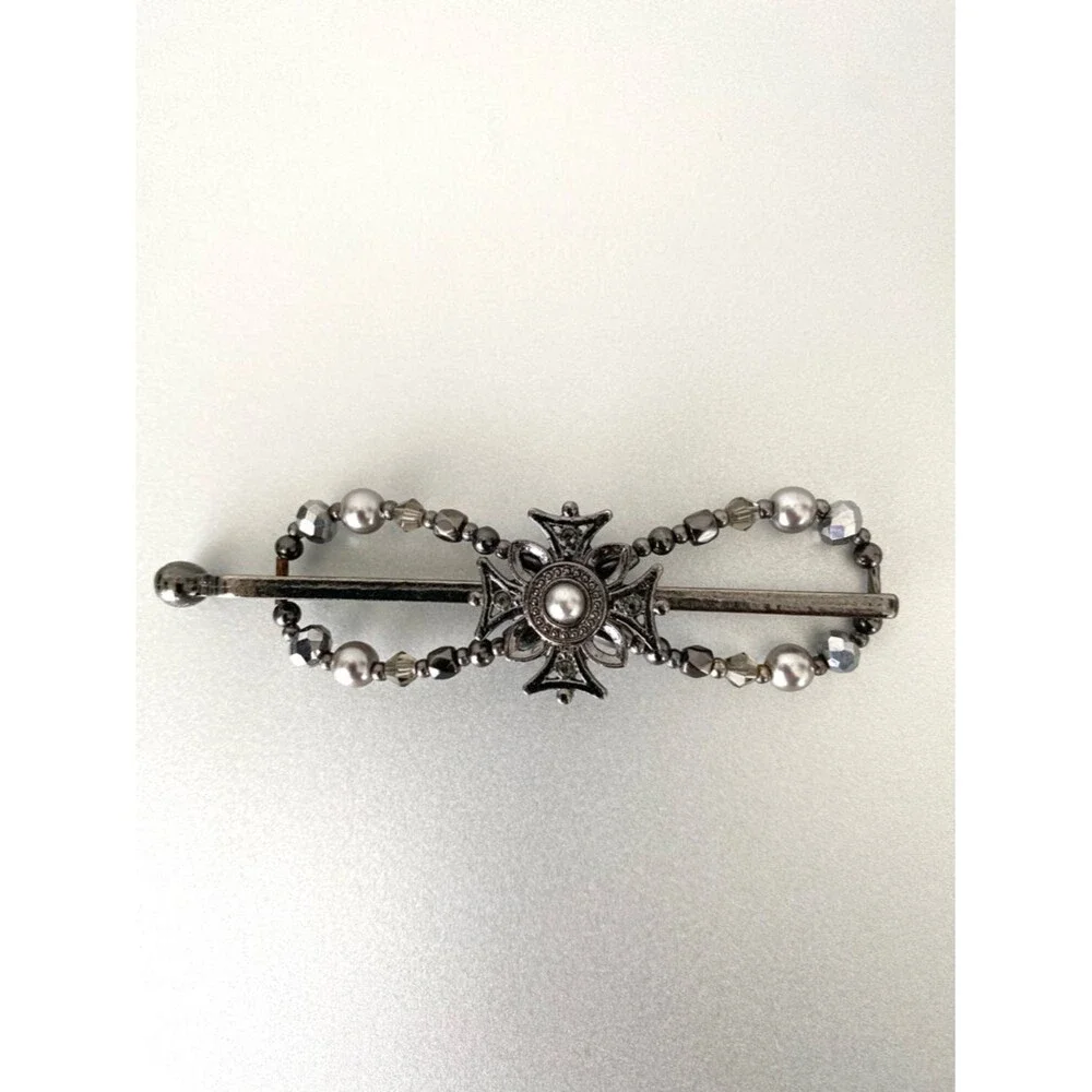 Irose Japanese Gunmetal Beaded Cross Barrette Pearl Accent Bridal Party Festival